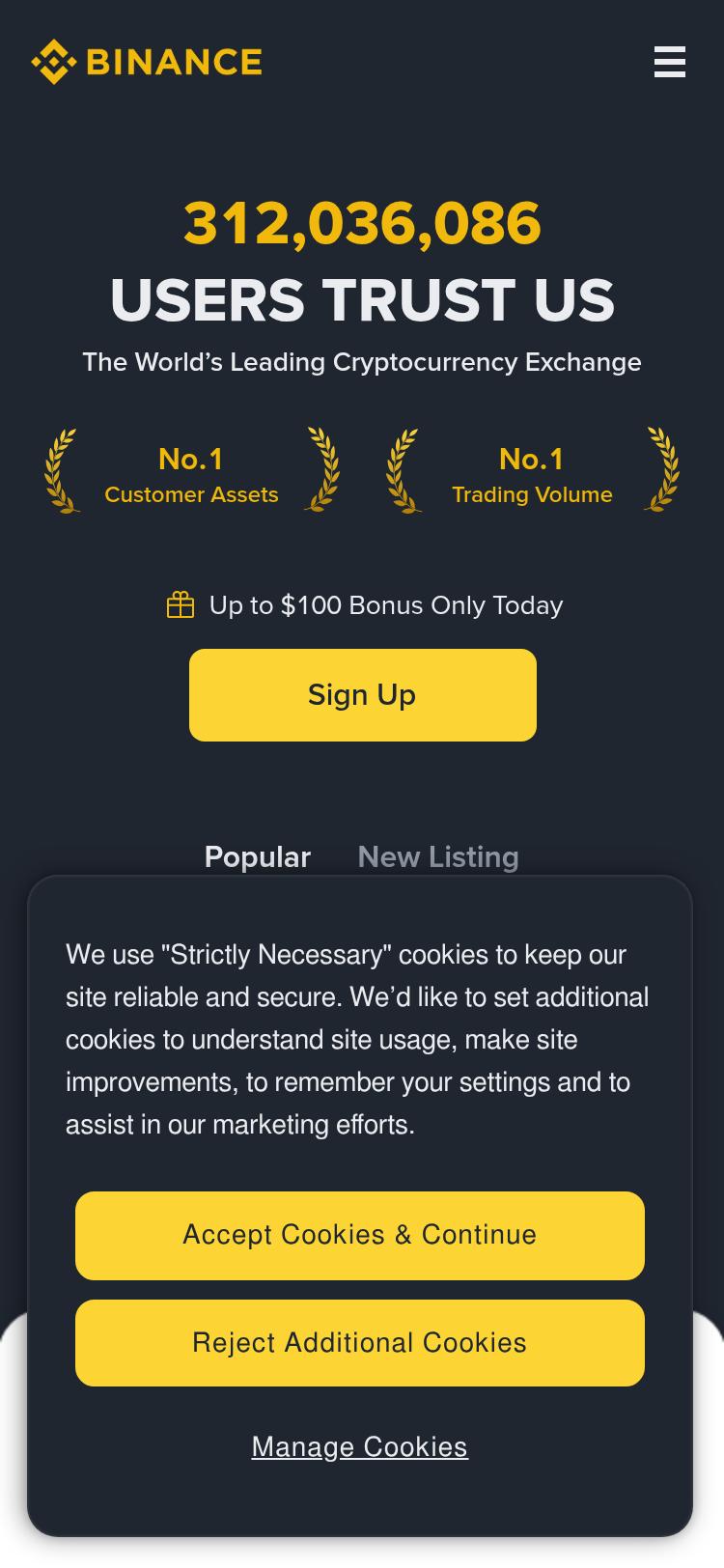 Screenshot of binance.com — mobile view