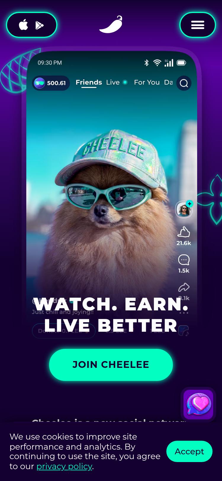 Screenshot of cheelee.io — mobile view