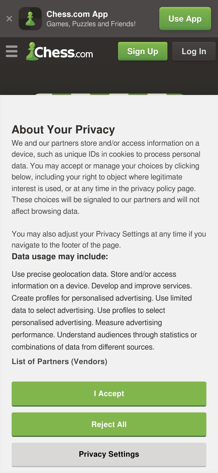 Screenshot of chess.com — mobile view