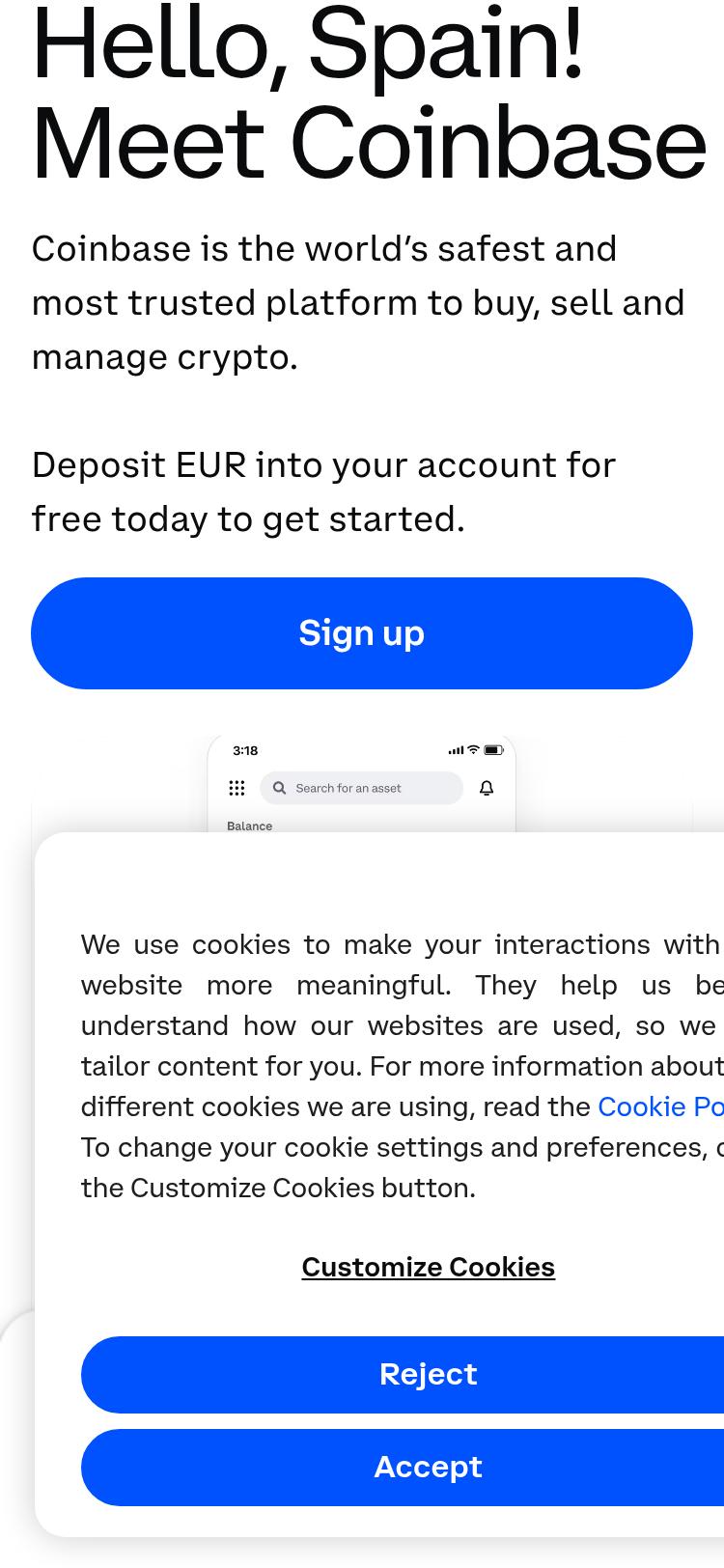 Screenshot of coinbase.com — mobile view