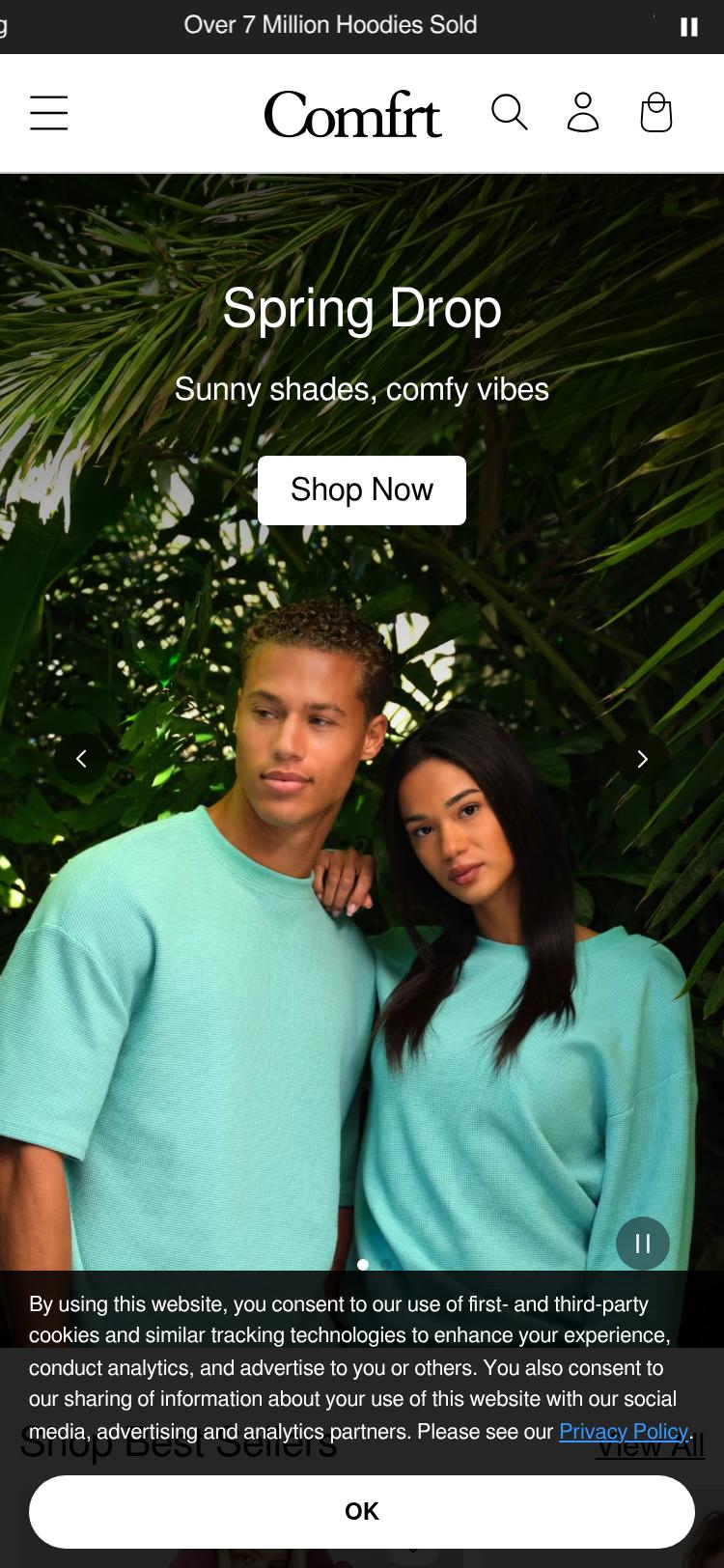 Screenshot of comfrt.com — mobile view