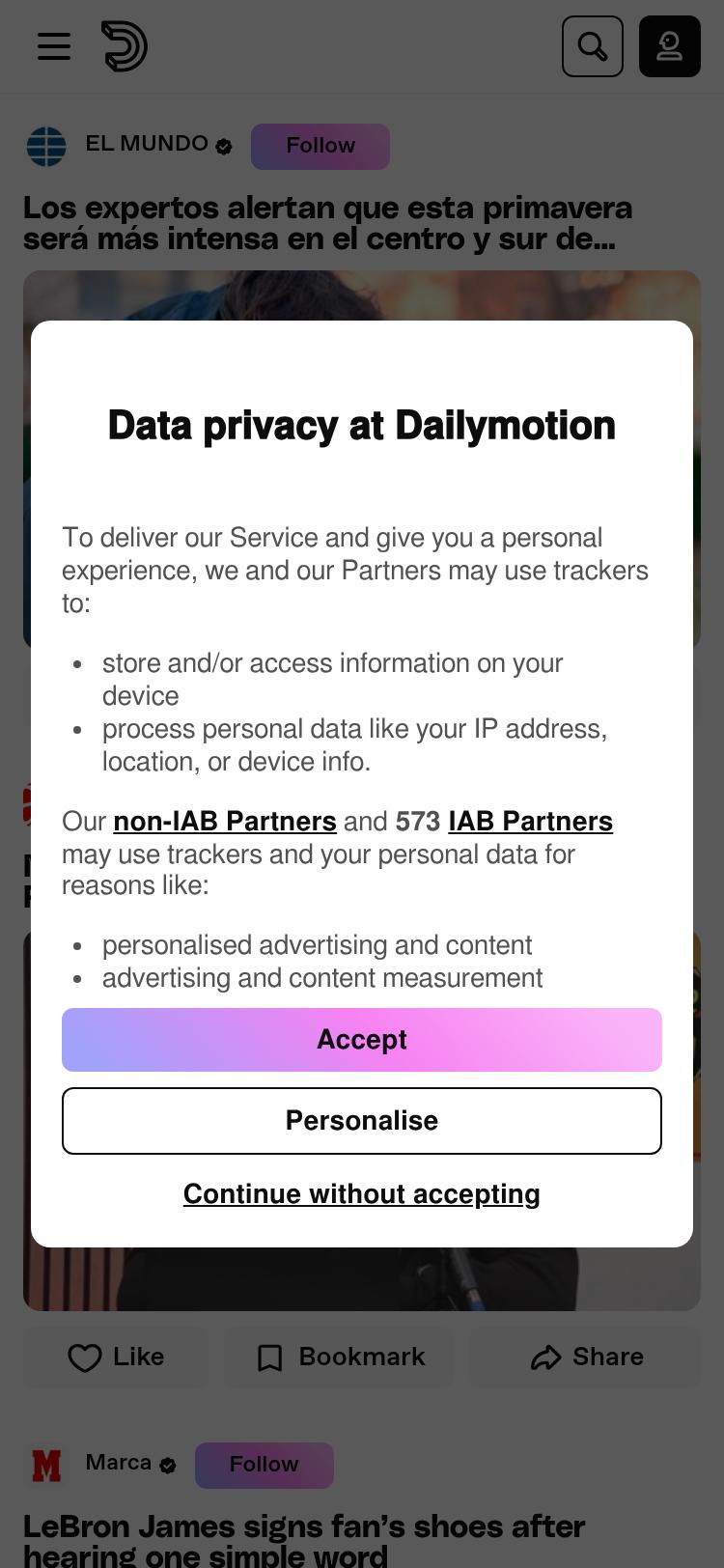 Screenshot of dailymotion.com — mobile view
