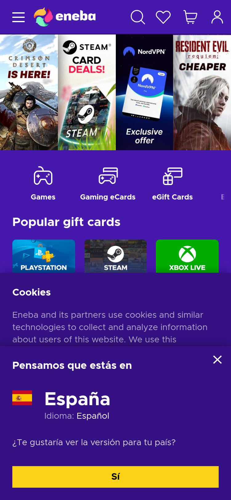 Screenshot of eneba.com — mobile view