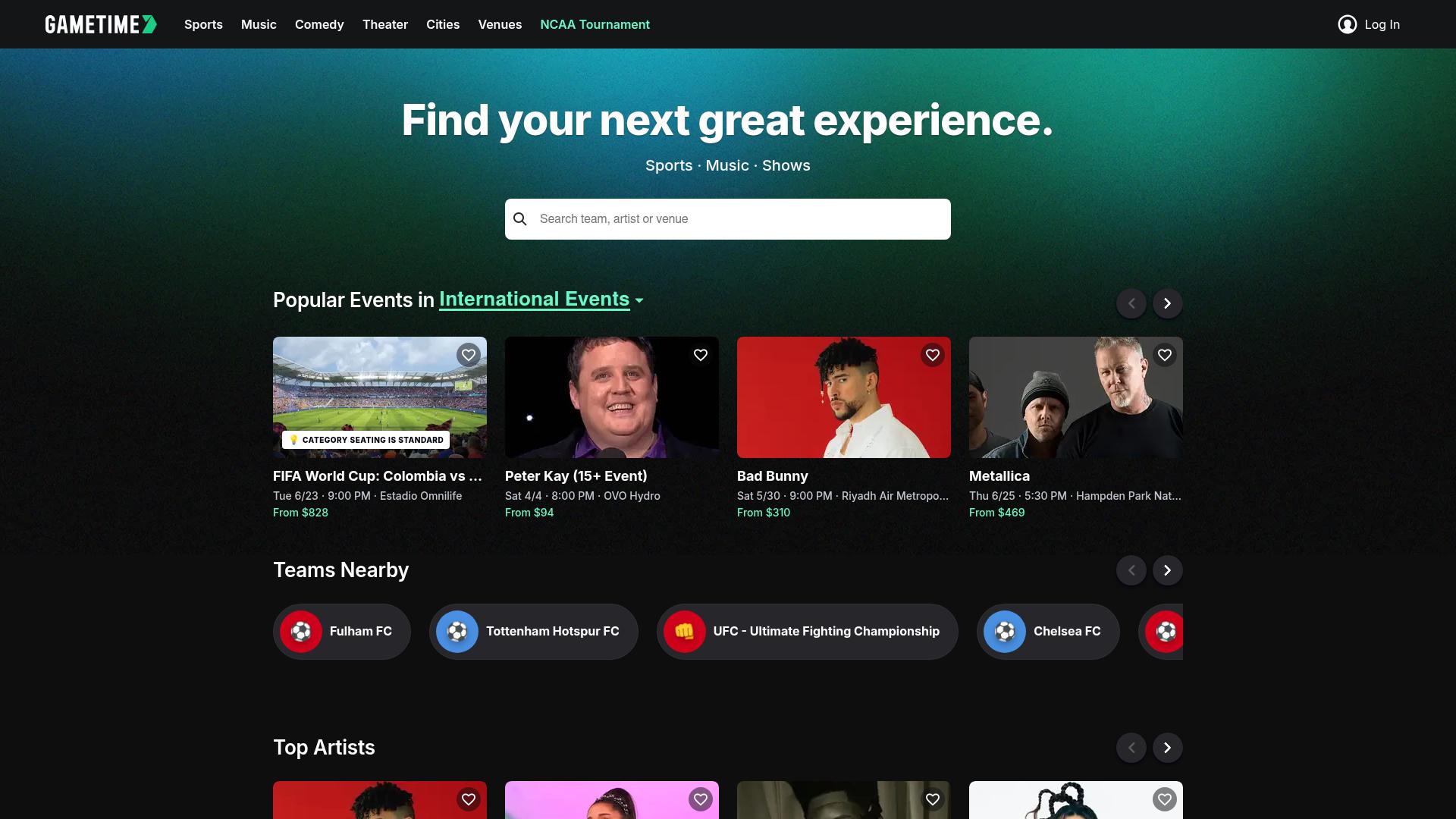 Screenshot of gametime.co — desktop view