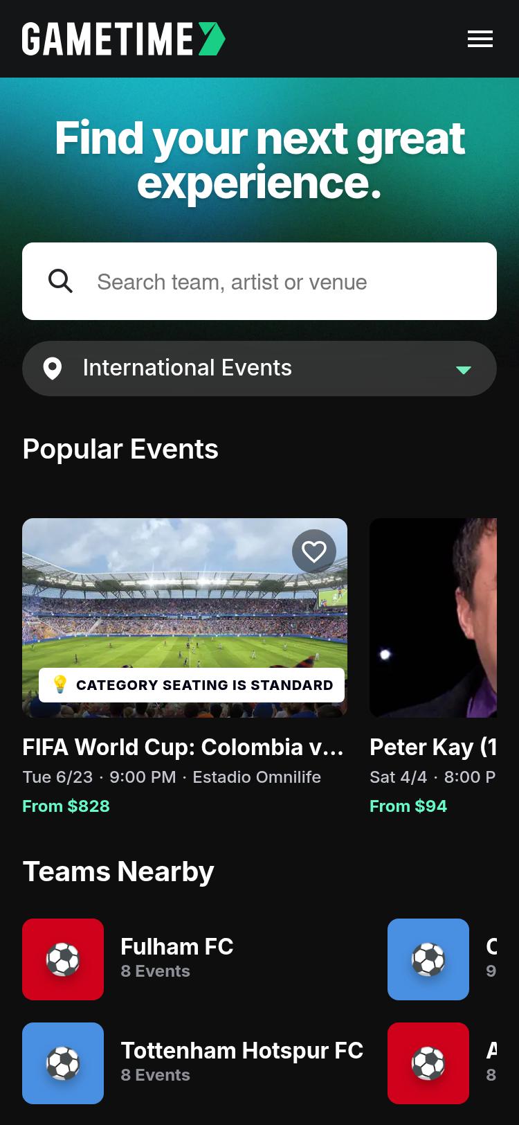Screenshot of gametime.co — mobile view