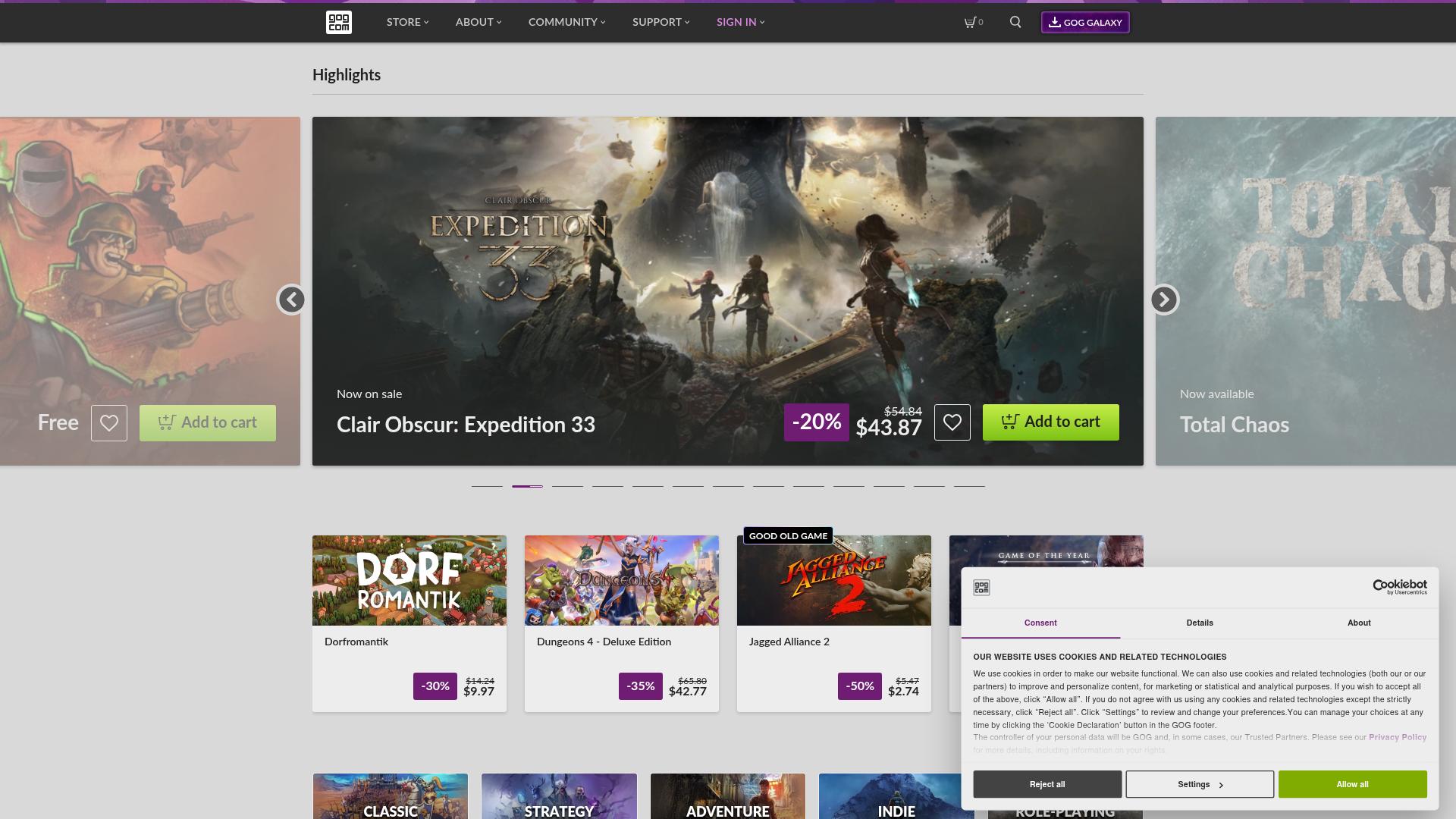 Screenshot of gog.com — desktop view