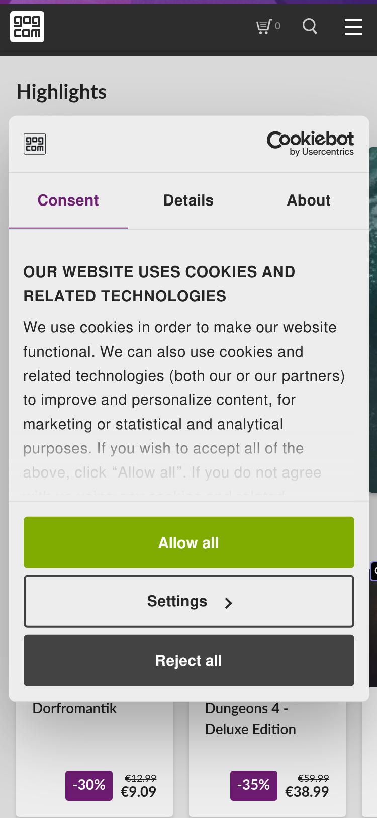 Screenshot of gog.com — mobile view