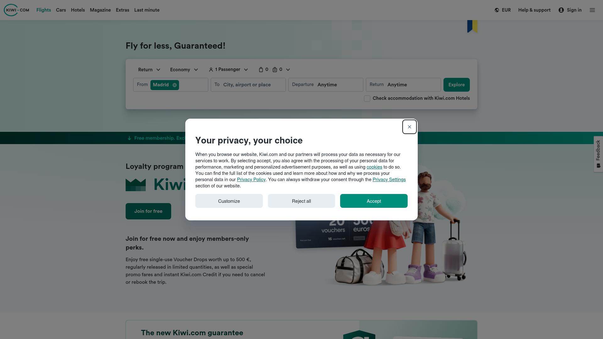Screenshot of kiwi.com — desktop view