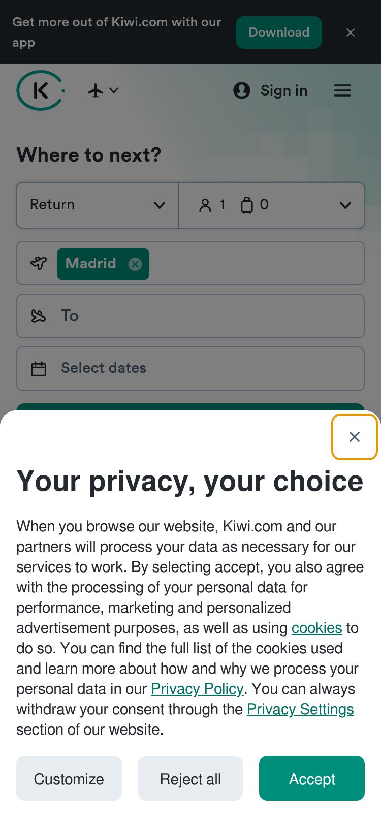 Screenshot of kiwi.com — mobile view