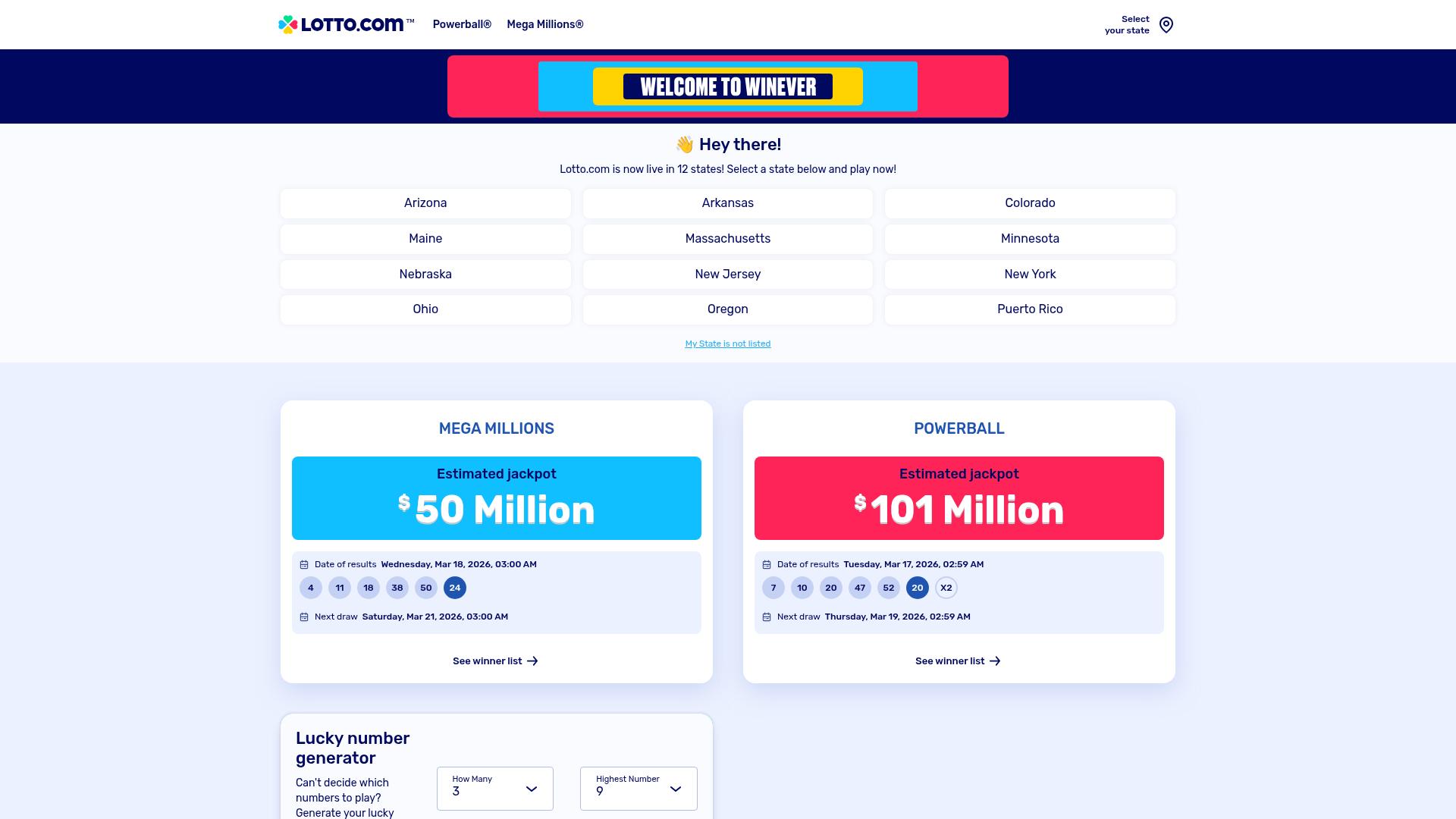 Screenshot of lotto.com — desktop view