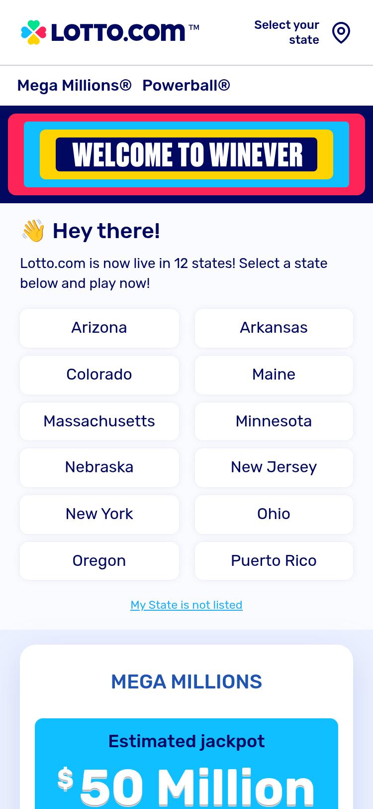Screenshot of lotto.com — mobile view