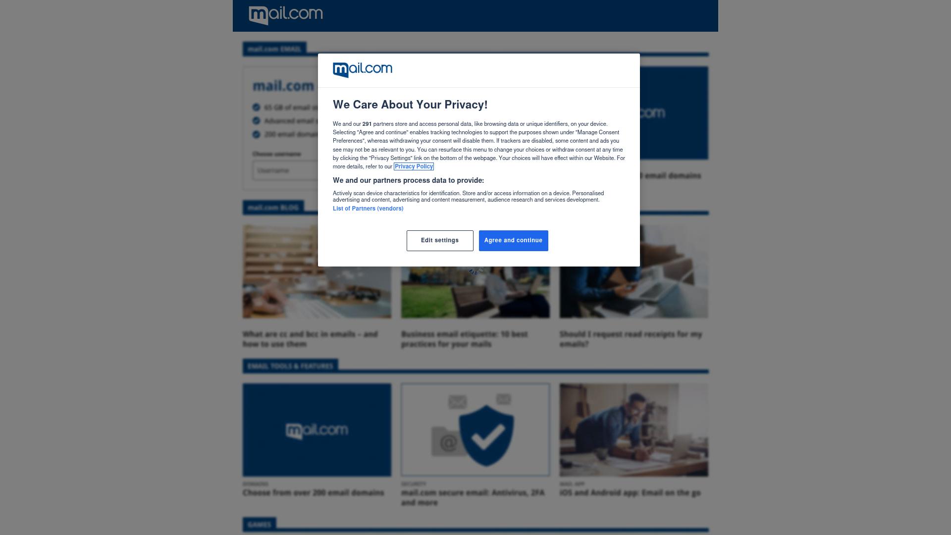 Screenshot of mail.com — desktop view