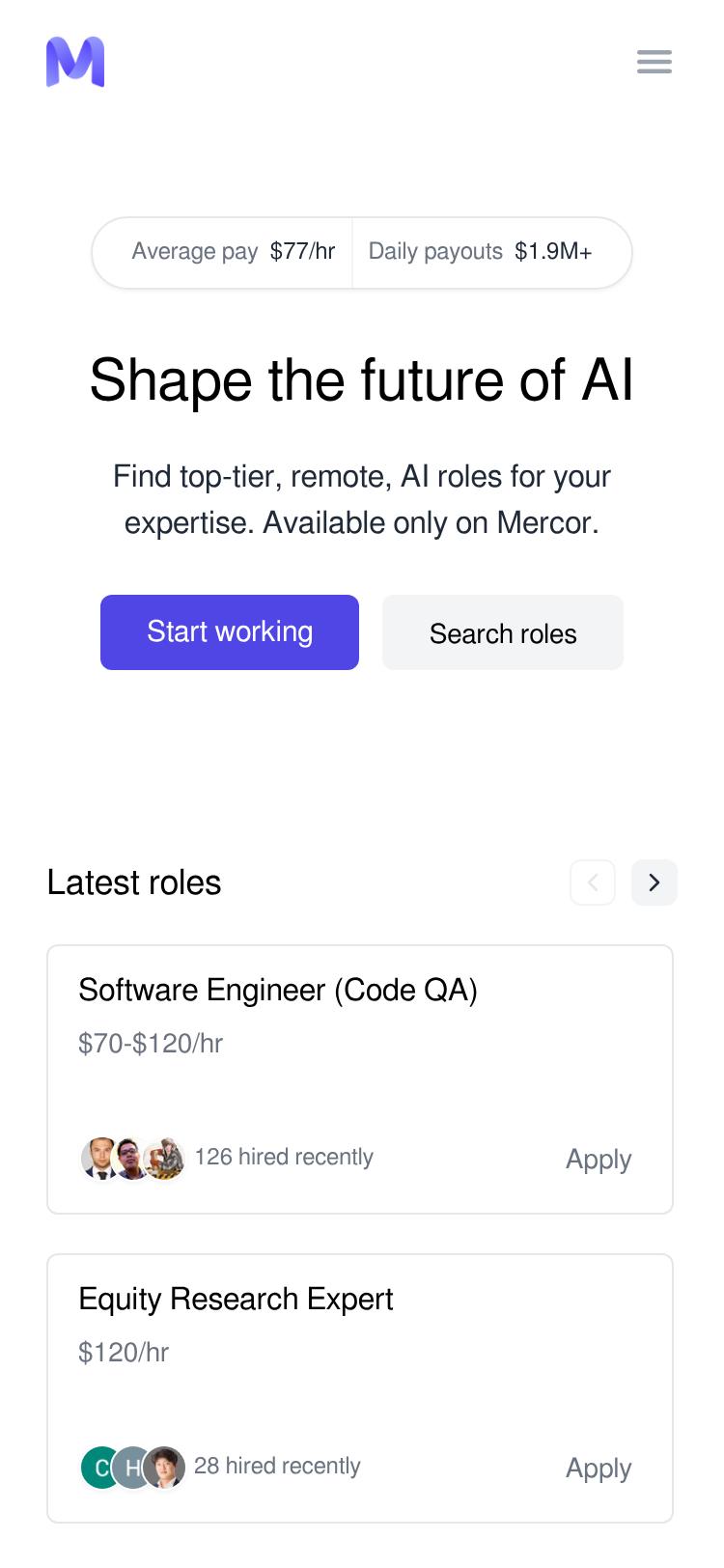 Screenshot of mercor.com — mobile view