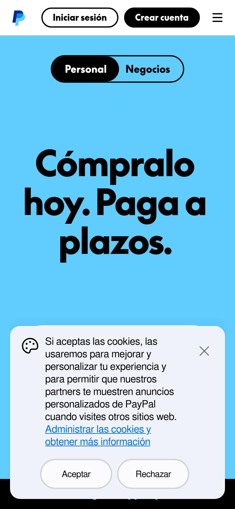 Screenshot of paypal.com — mobile view
