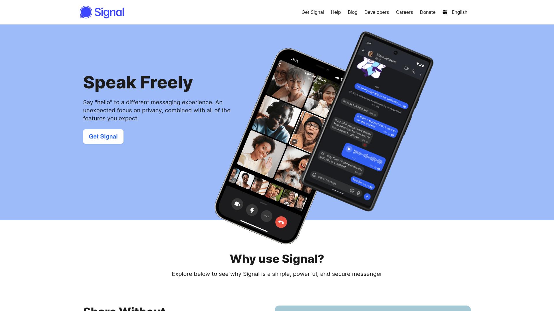 Screenshot of signal.org — desktop view