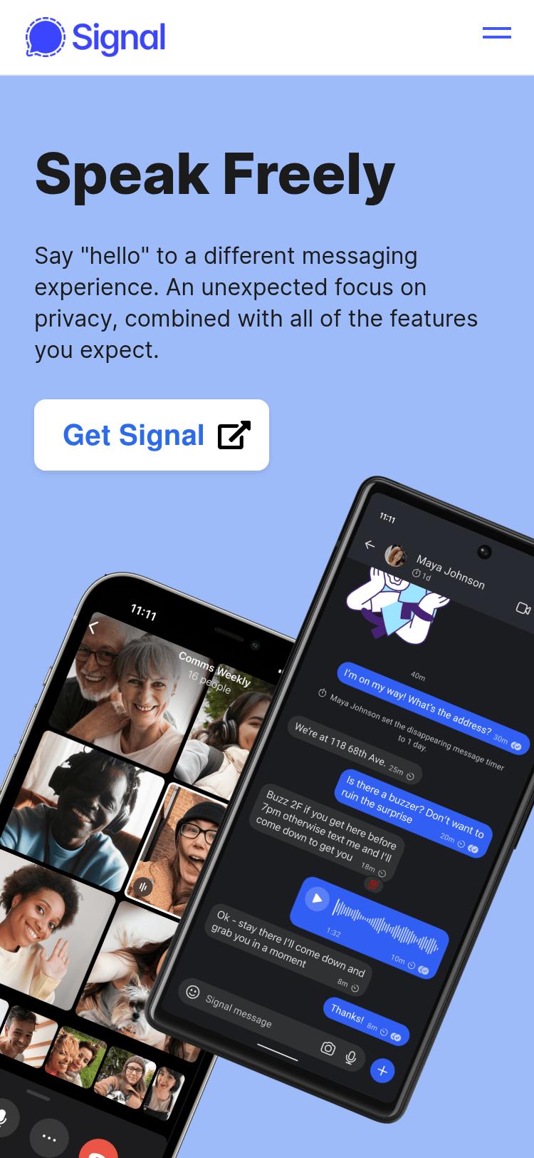 Screenshot of signal.org — mobile view