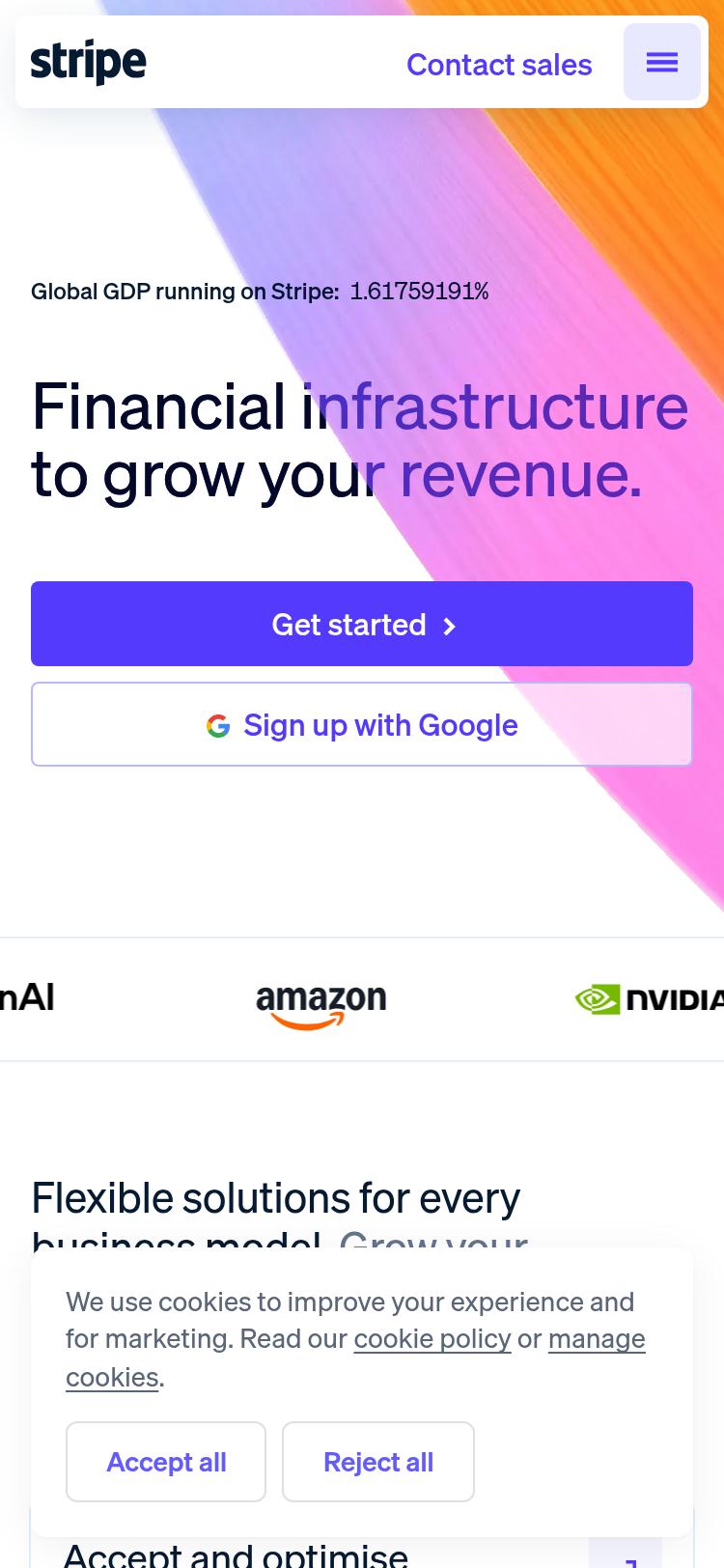 Screenshot of stripe.com — mobile view