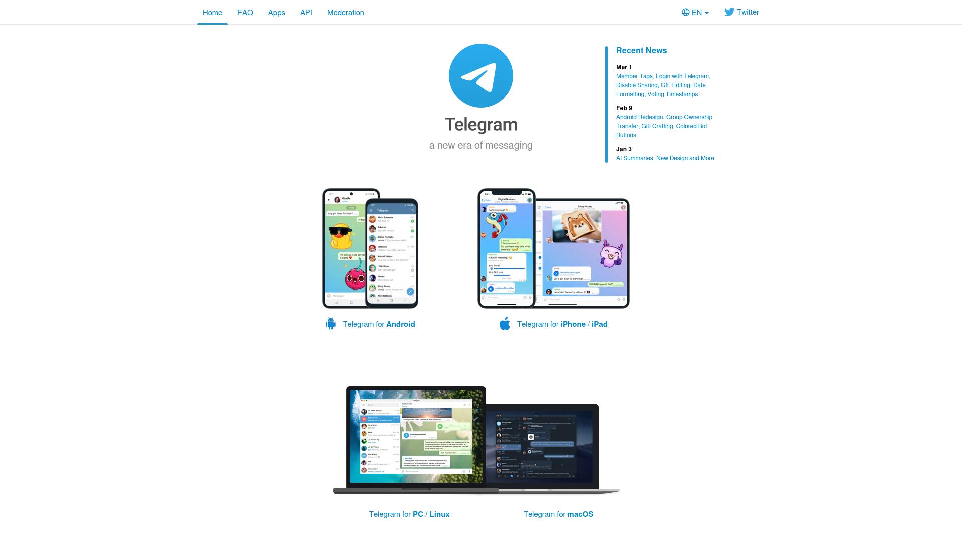 Screenshot of telegram.org — desktop view