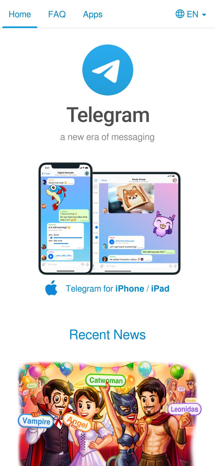 Screenshot of telegram.org — mobile view