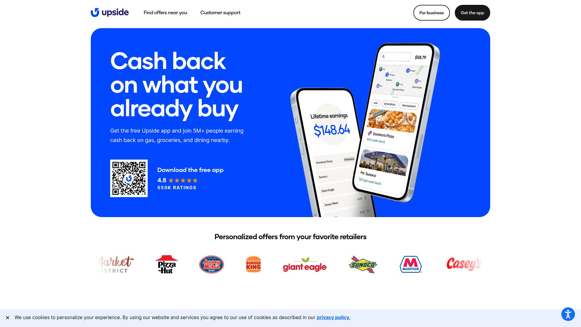 Screenshot of upside.com — desktop view