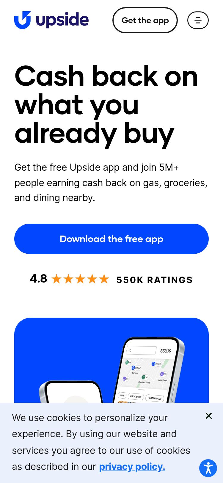 Screenshot of upside.com — mobile view