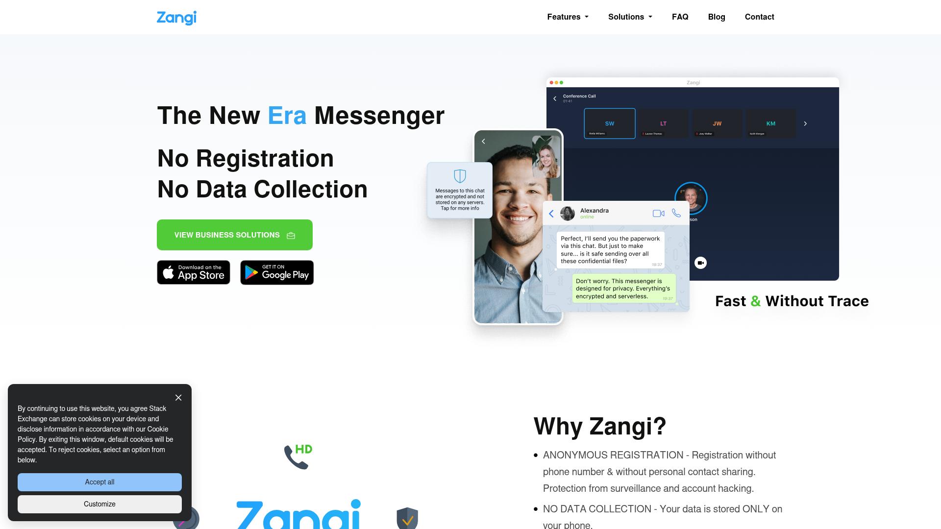 Screenshot of zangi.com — desktop view